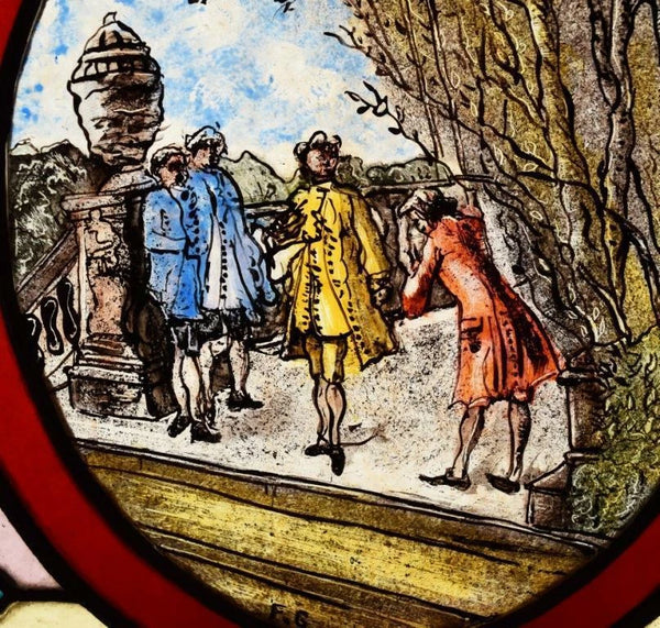 Antique French Stained Leaded Glass Hand Painted Panel w/Parisian Figures