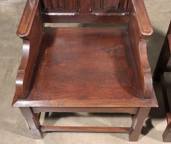 Large Pair of Antique Gothic Arm/Throne Chairs Solid Chestnut Hand Carved Wood