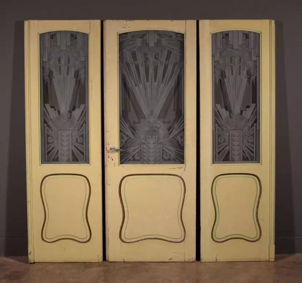 Set Antique French Art Deco Etched Glass Doors Frosted Glass with Pine Frames