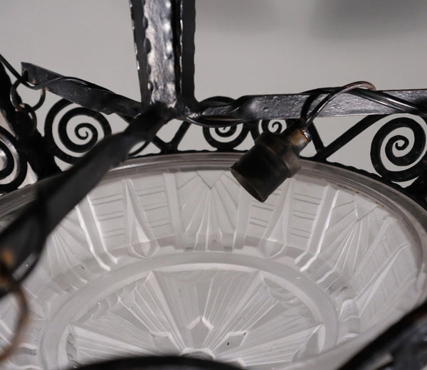 Antique French Art Deco Chandelier with Frosted Glass and Iron by Muller Freres