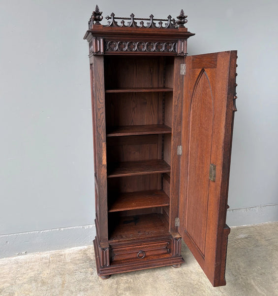 67" Tall French Antique Gothic Cabinet in Solid Oak Highly Carved Wood