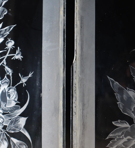 56" Tall Pair of Antique French Etched Glass Windows Frosted Glass with Flowers