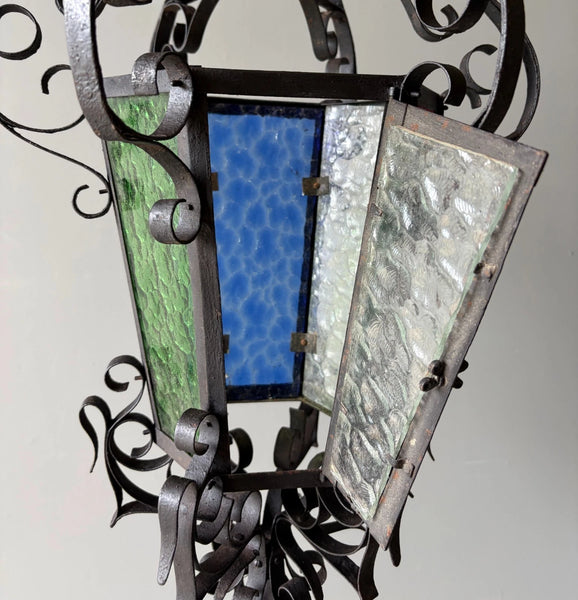 25" Tall French Antique Iron and Stained Glass Hanging Chandelier/Pendant Lamp