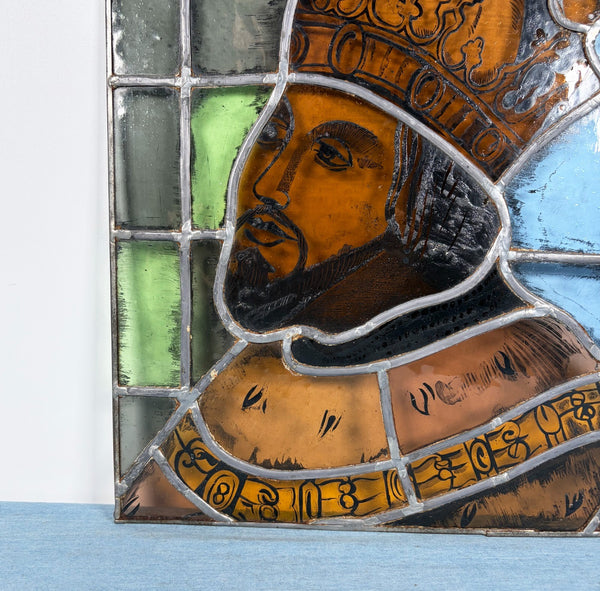 15" Tall Vintage French Stained/Leaded Glass Panel Of Charles the Great
