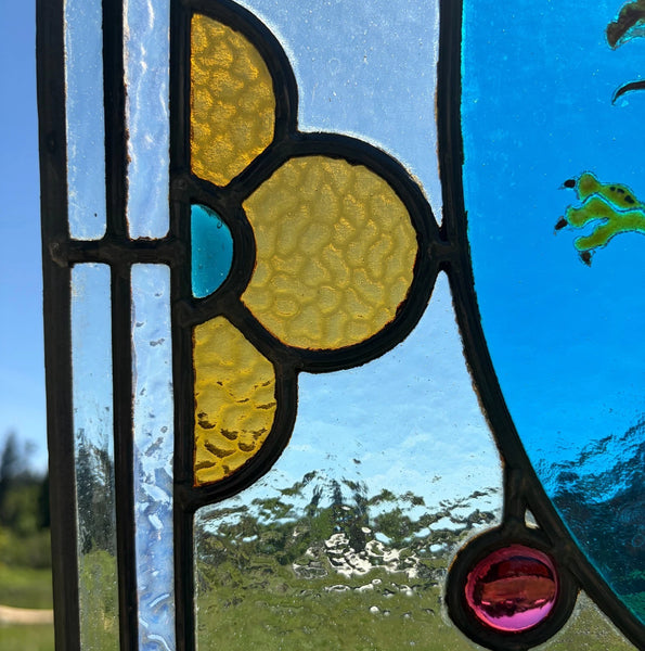 38" Tall Antique French Stained/Leaded Glass Panel w/Griffin and Uranium Glass