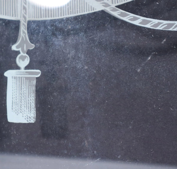 19" Wide Pair of Antique French Etched Glass Windows With Curtains and Tassels