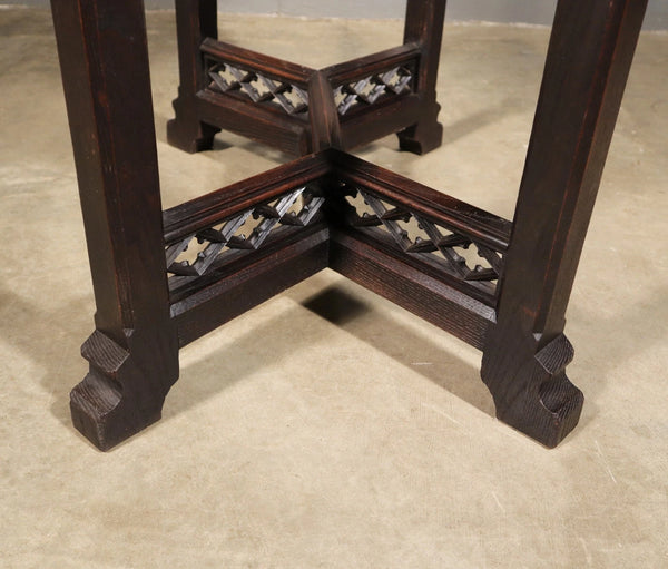 Antique French Gothic Revival Table in Solid Chestnut Wood With Carvings