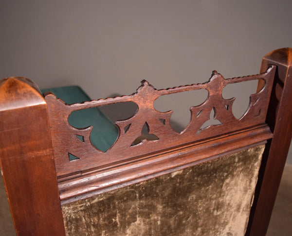 74" Long French Antique Neo Gothic Day Bed Solid Walnut with Green Silk Cushions
