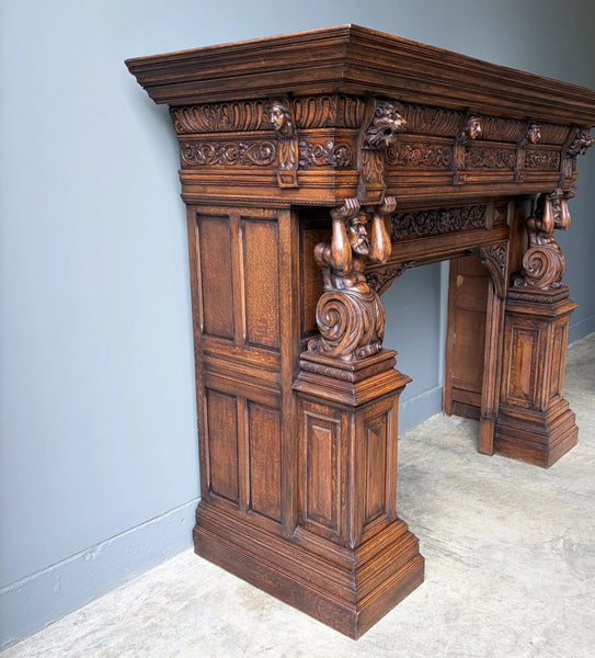 XL Vintage Renaissance Revival Oak Fireplace Surround/Mantel w/Carved Figures