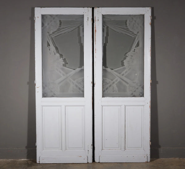Pair of Antique French Art Deco Etched Glass Doors Frosted Glass w/Pine Frames