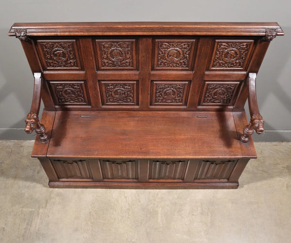 Antique French Renaissance Oak Wood Bench/Settee/Storage Bench with Lions