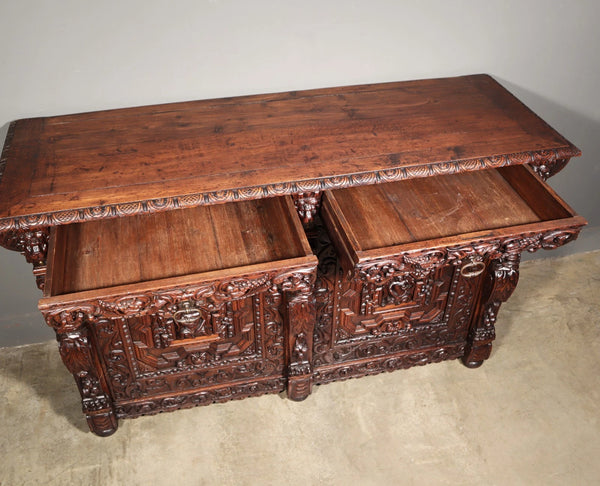 1700's Antique French Renaissance Sideboard in Solid Wood Oak Highly Carved