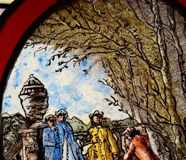 Antique French Stained Leaded Glass Hand Painted Panel w/Parisian Figures
