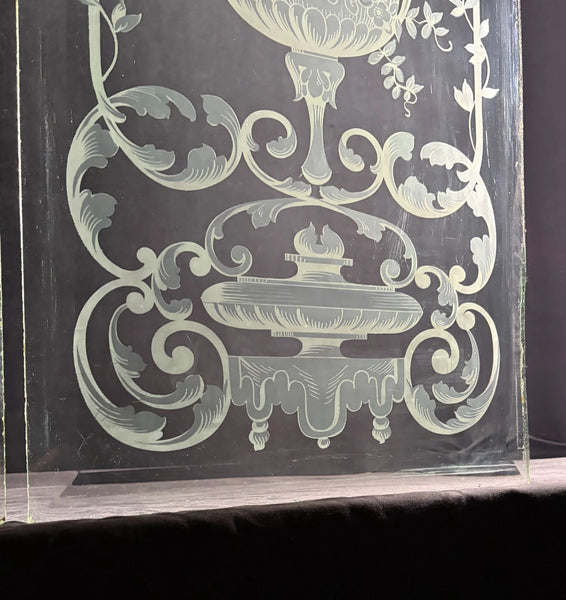 47" Tall Pair of Antique French Etched Beveled Glass Windows Frosted Glass