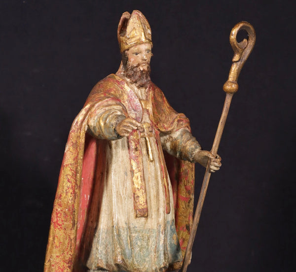 12" Antique Carved/Painted Pine Wood Statue/Sculpture St. Nicholas Late 1800's