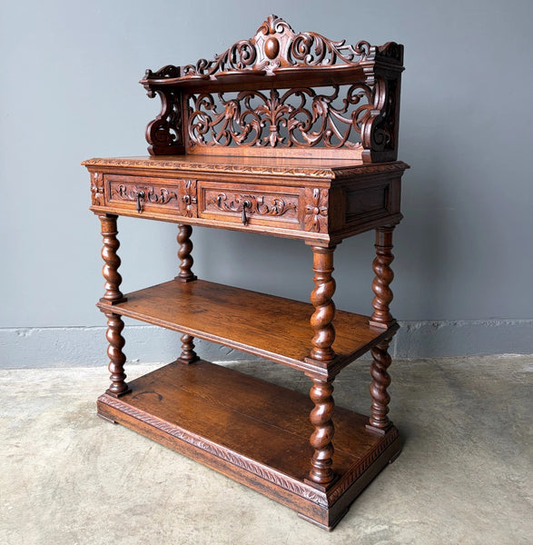 Antique French Renaissance Sideboard/Buffet in Solid Oak Highly Carved Wood