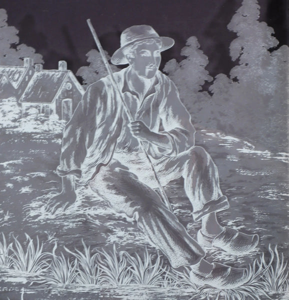 37" Tall Antique French Etched Glass Window with Rural Scene Man by the Water