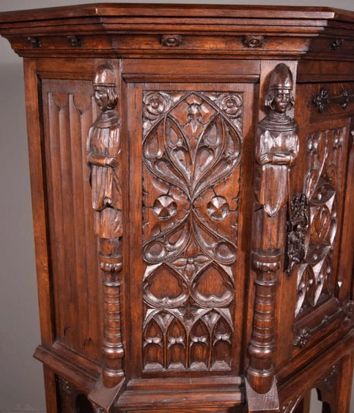 Vintage French Gothic Revival Cabinet/ Console/ Sideboard, Highly Carved Oak Wood
