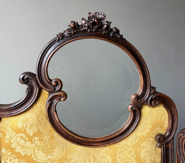 61" Tall Antique French Louis XV Rococo Tri-Fold Screen with Beveled Glass