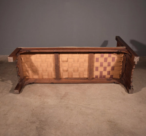 74" Long French Antique Neo Gothic Day Bed Solid Walnut with Green Silk Cushions