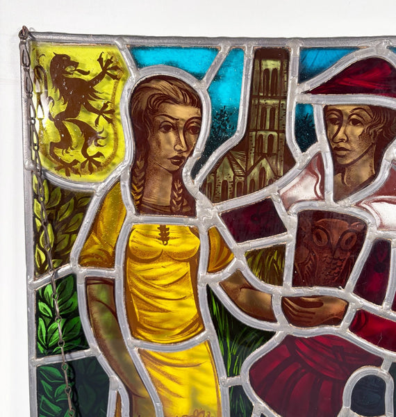 20" Tall Vintage Belgian/Flanders Stained/Leaded Glass Panel of Thyl and Nele