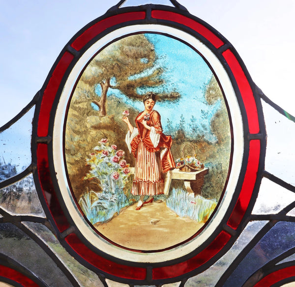 38" Tall Large Antique French Art Nouveau Stained/Leaded Glass Panel 4 Seasons