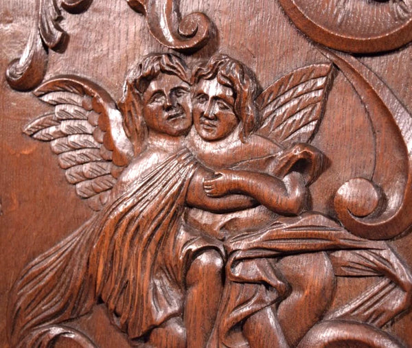 49" Tall French Antique Deep Carved Louis XV Panel Solid Oak Wood with Cherubs