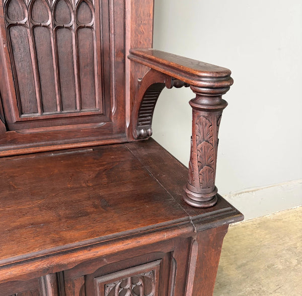 72" Tall Antique French Gothic Revival Oak Wood Bench/Settee/Chair Highly Carved