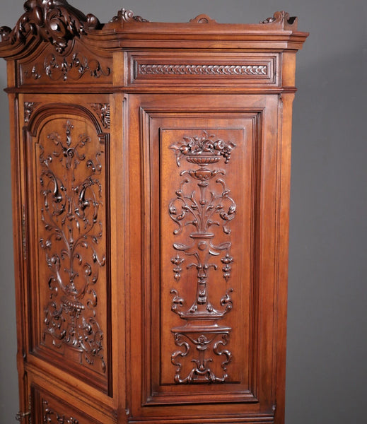 71" Tall Antique French Solid Walnut Wood Highly Carved Renaissance Cabinet