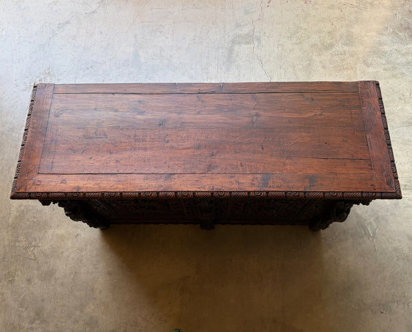 1700's Antique French Renaissance Sideboard in Solid Wood Oak Highly Carved