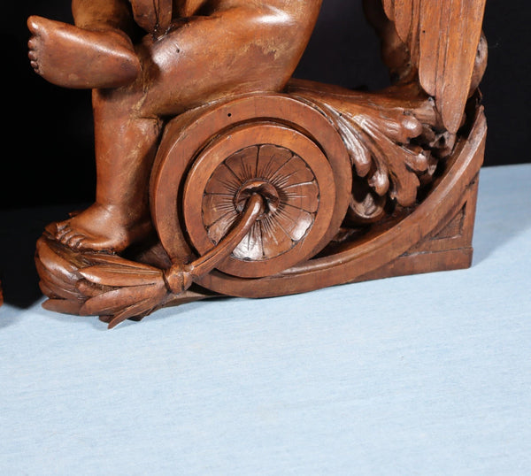 13" Tall Pair of French Antique Solid Walnut Wood Highly Carved Cherubs
