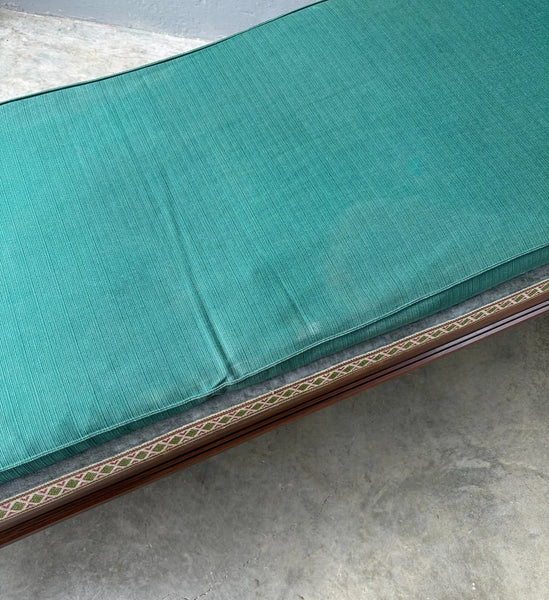 74" Long French Antique Neo Gothic Day Bed Solid Walnut with Green Silk Cushions