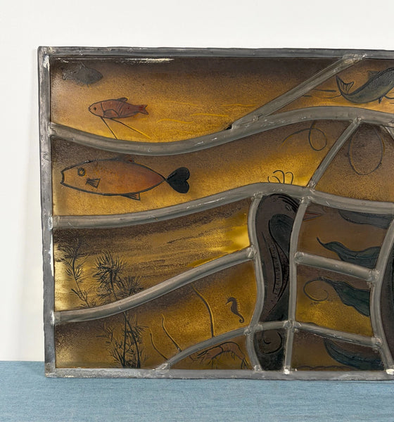 Vintage Dutch Stained/Leaded Glass Panel by Lea Steppe Sea Life Themed