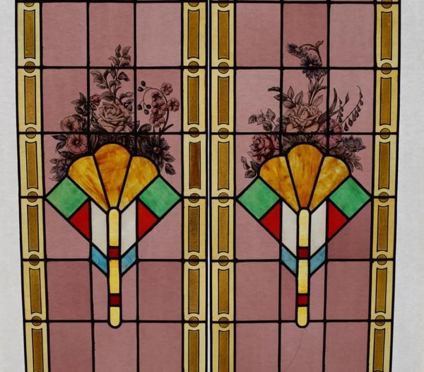 69" Pair of Vintage French Art Deco Stained Glass Windows w/Hand Painted Flowers