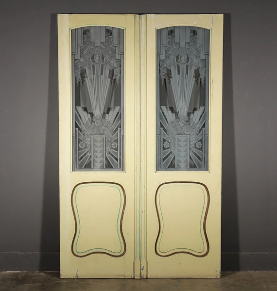 Pair of French Art Deco Etched Glass Doors Frosted Glass with Pine Frames