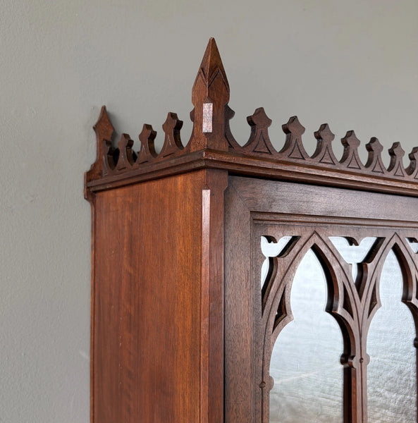 French Antique Gothic Revival Solid Oak and Walnut Wood Bar or Wall Cabinet
