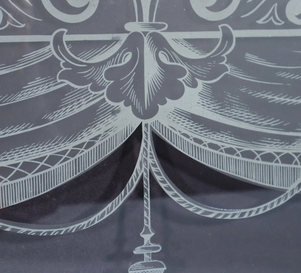 19" Wide Pair of Antique French Etched Glass Windows With Curtains and Tassels