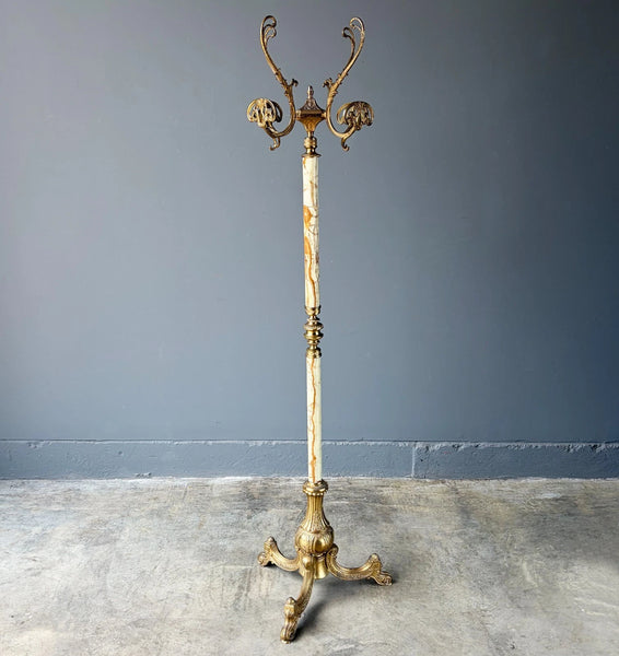 69" Tall Ornate Vintage Brass & Onyx Marble Coat/Hat Rack Hall Tree/Stand