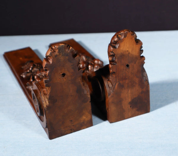 16" Pair of French Antique Solid Walnut Wood Highly Carved Posts with Flowers