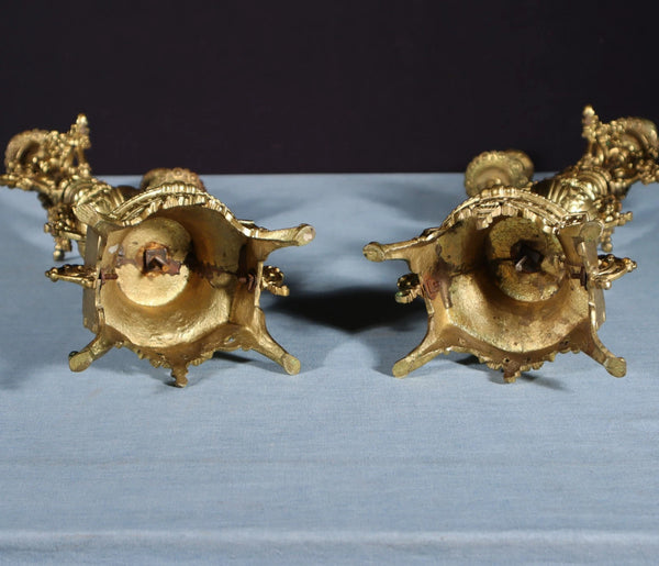19" Tall Pair of Antique French Gilded Bronze Candelabra Candlesticks