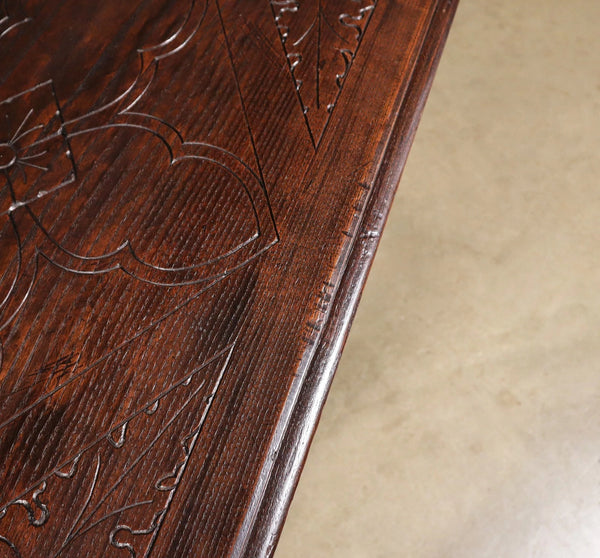 Antique French Gothic Revival Table in Solid Chestnut Wood With Carvings
