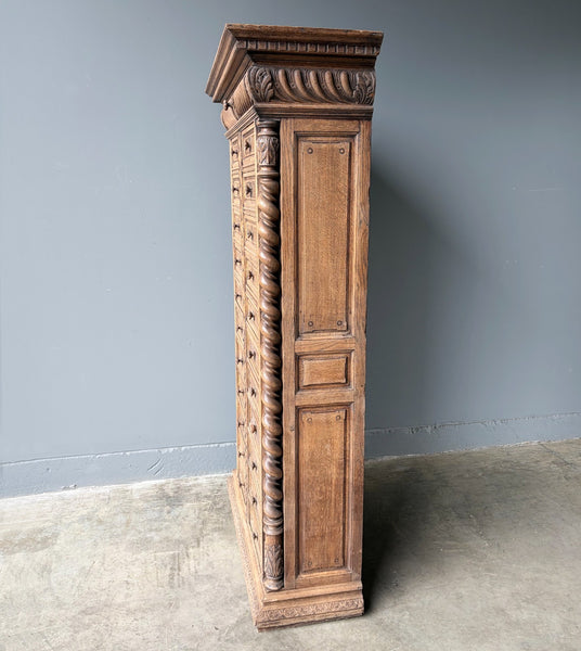 77" Tall Antique French Apothecary Cabinet Solid Oak Carved with Compartments