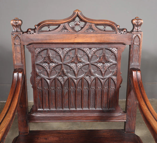 Share French Antique Gothic Revival Chestnut Arm Chair Carved Wood Desk Chair