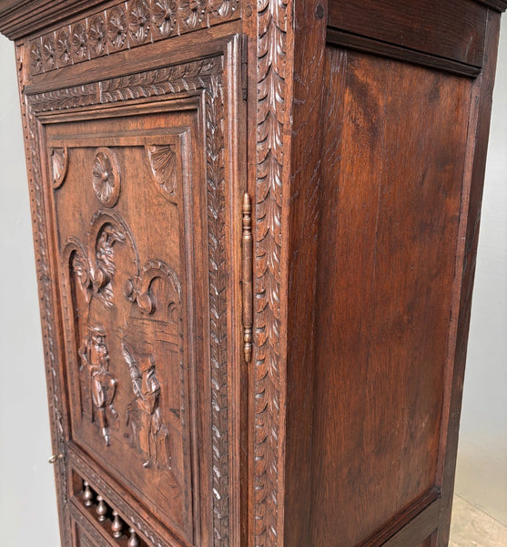 71" Tall French Antique Breton Cabinet in Solid Chestnut Wood w/Carved Figures