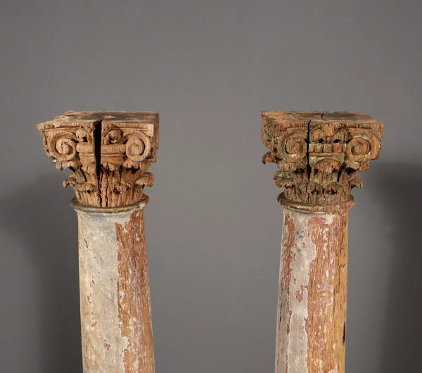 Antique French Solid Oak Highly Carved Corinthian Fireplace Side Pillars Rustic