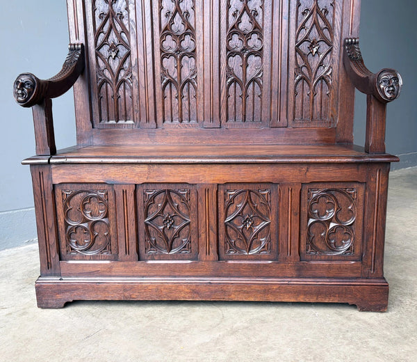 Antique French Gothic Revival Oak Wood Bench/Settee/Chair Highly Carved