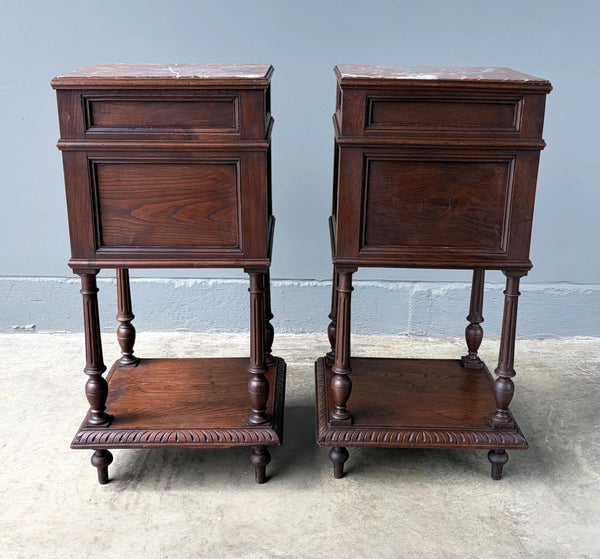 Pair of 34" Tall Antique French Breton Nightstands with Marble Tops in Chestnut
