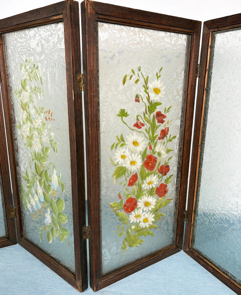 21" Tall Antique French Hand Painted Folding Glass Screen with Flowers