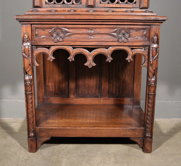70" Tall Antique French Gothic Revival Oak Wood Cabinet/Liquor/Wine/Bar Cabinet