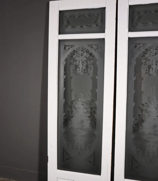 87" Tall Pair of Antique French Etched Glass Windows Frosted Glass with Flowers